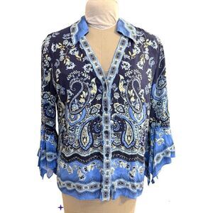 Boston Proper Paisley Print Bell Sleeve Top Blouse Large V-Neck Flowy Boho